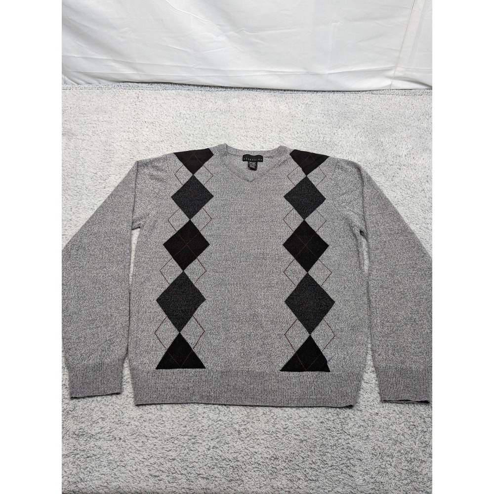 Vtg Attention Argyle‎ Sweater Men's M Gray Black V-Neck 90s Y2K Golfcore Preppy